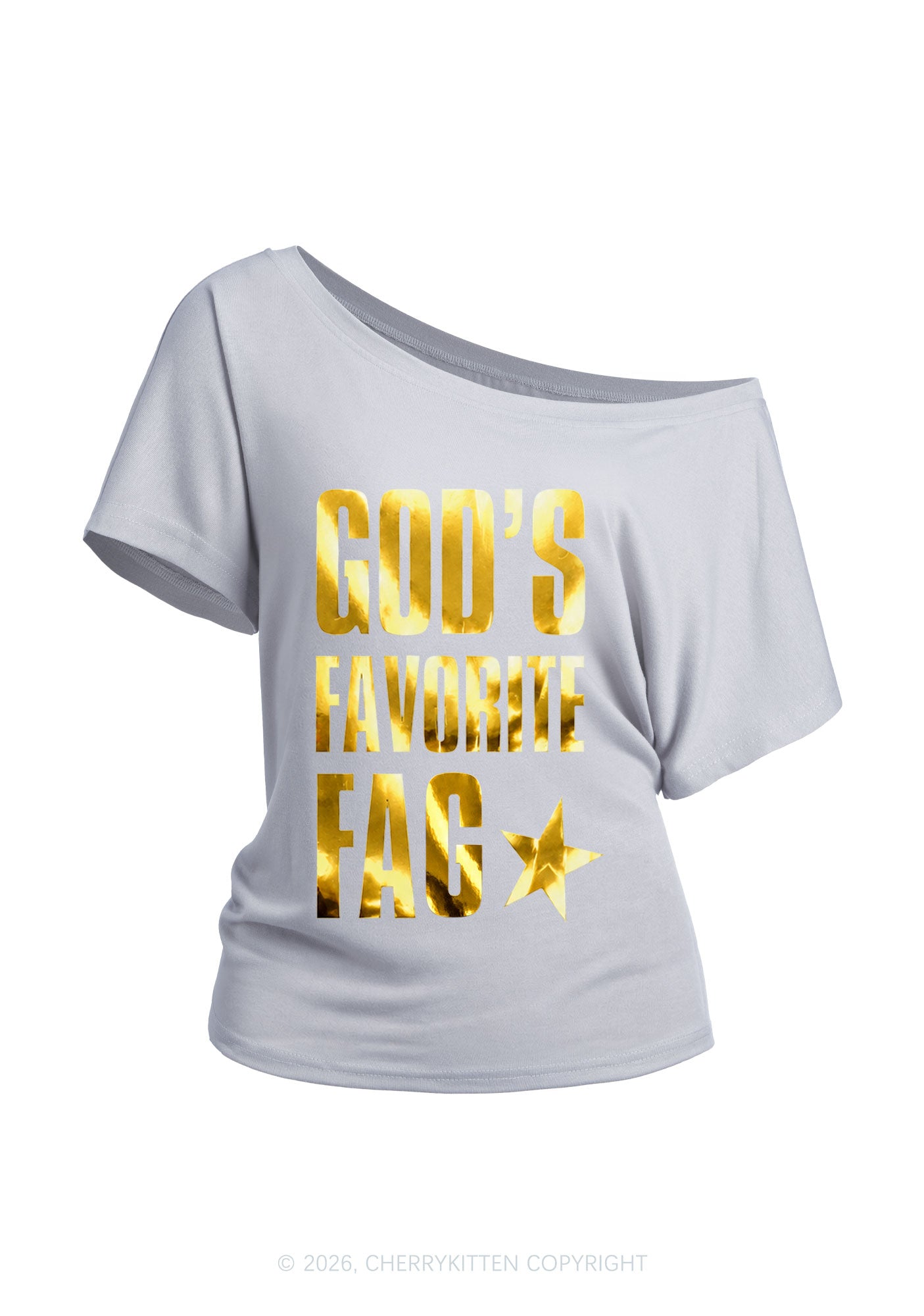 Gods Favorite Fag Pride Silver Foil Printed Y2K Off Shoulder Tee Cherrykitten