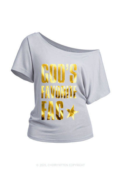 Gods Favorite Fag Pride Silver Foil Printed Y2K Off Shoulder Tee Cherrykitten