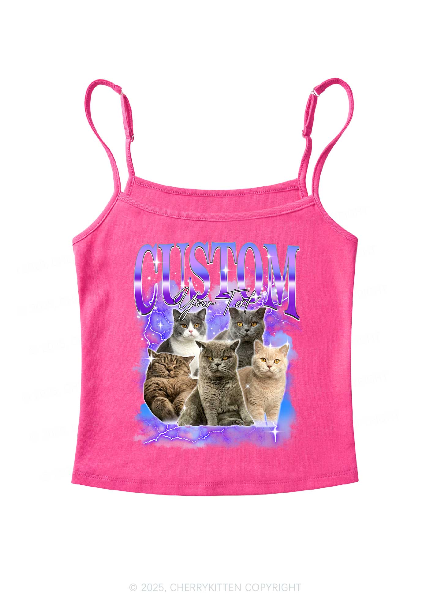 Custom Neon Lightning Cat Photo Y2K Spaghetti Strap Cami Cherrykitten