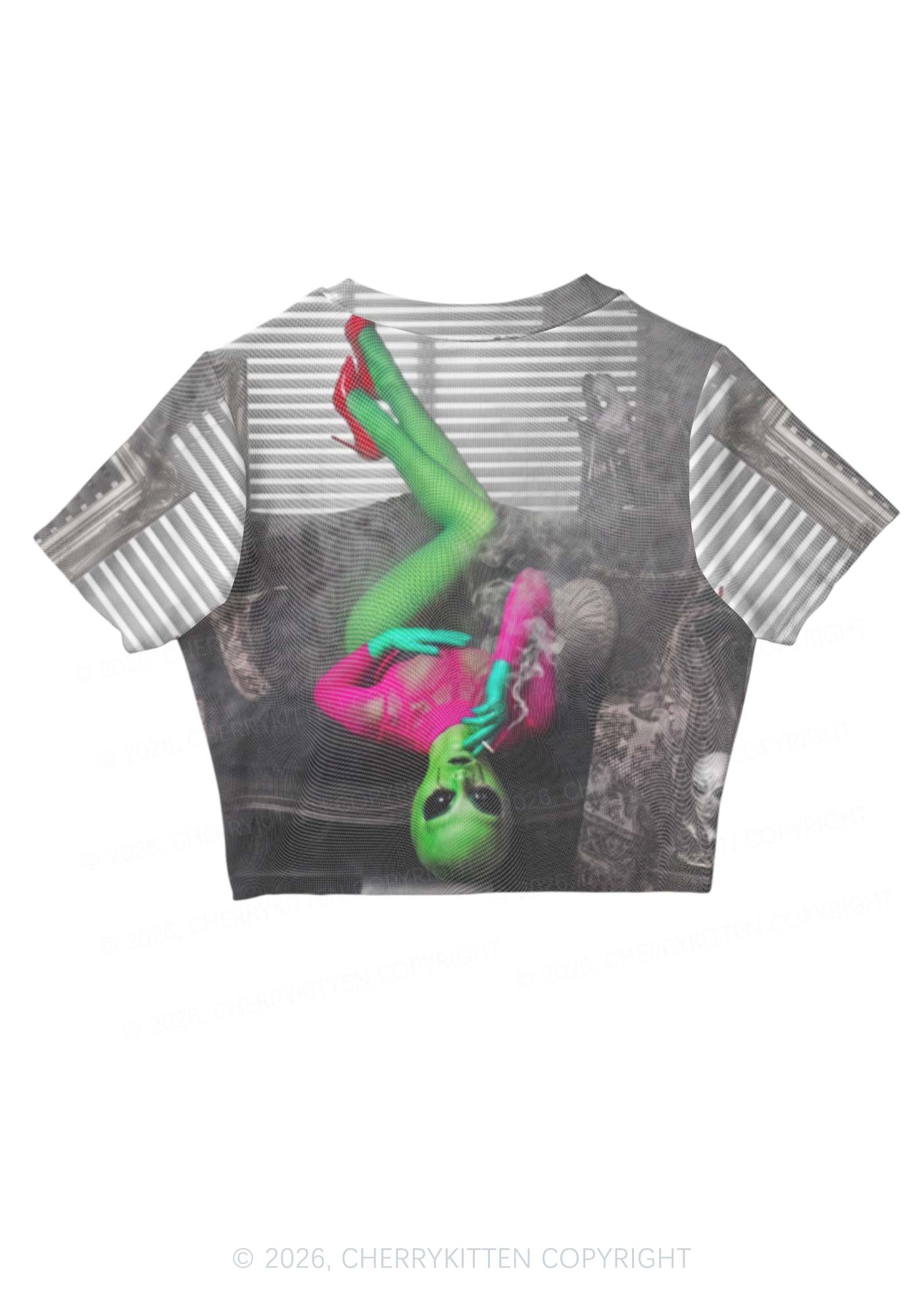 Smoking Alien Y2K Mesh Crop Top Cherrykitten