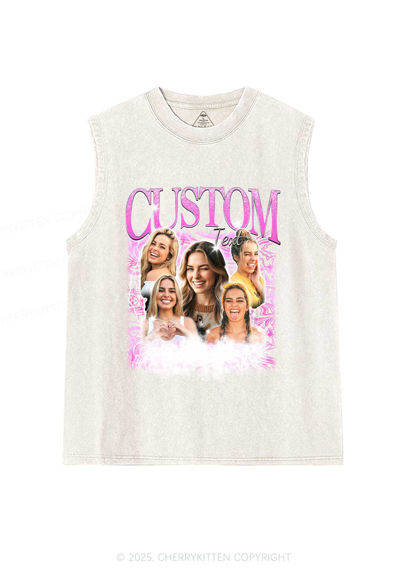 Custom Portrait Glitter Text Y2K Washed Muscle Tank Cherrykitten