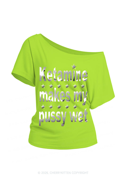 K Makes My Puxxy Wet Silver Foil Printed Y2K Off Shoulder Tee Cherrykitten
