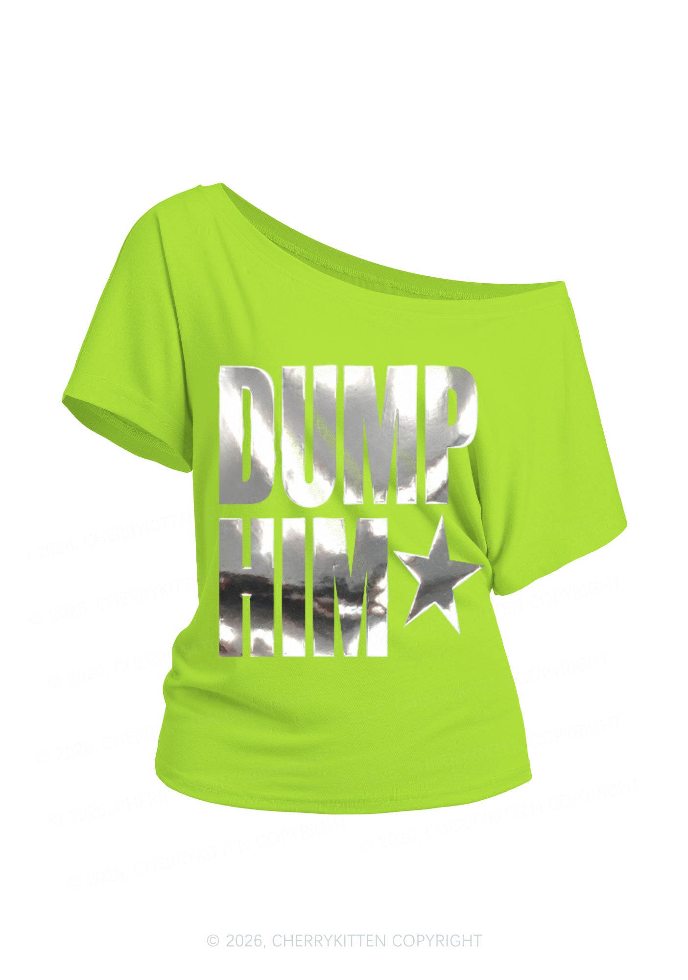 Dump Him Silver Foil Printed Y2K Off Shoulder Tee Cherrykitten