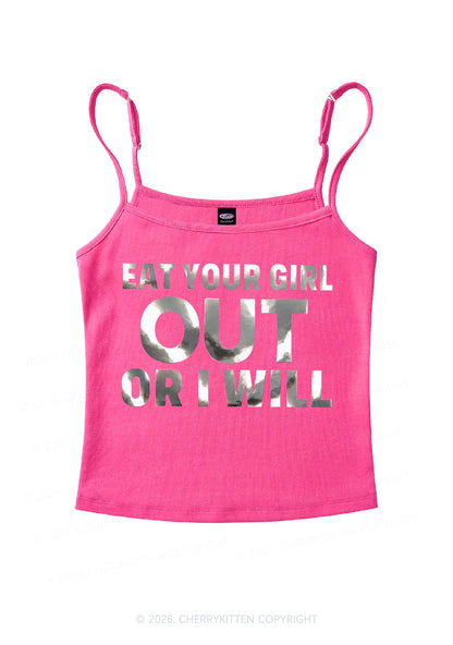 Eat Your Girl Out Silver Foil Printed Y2K Spaghetti Strap Cami Cherrykitten