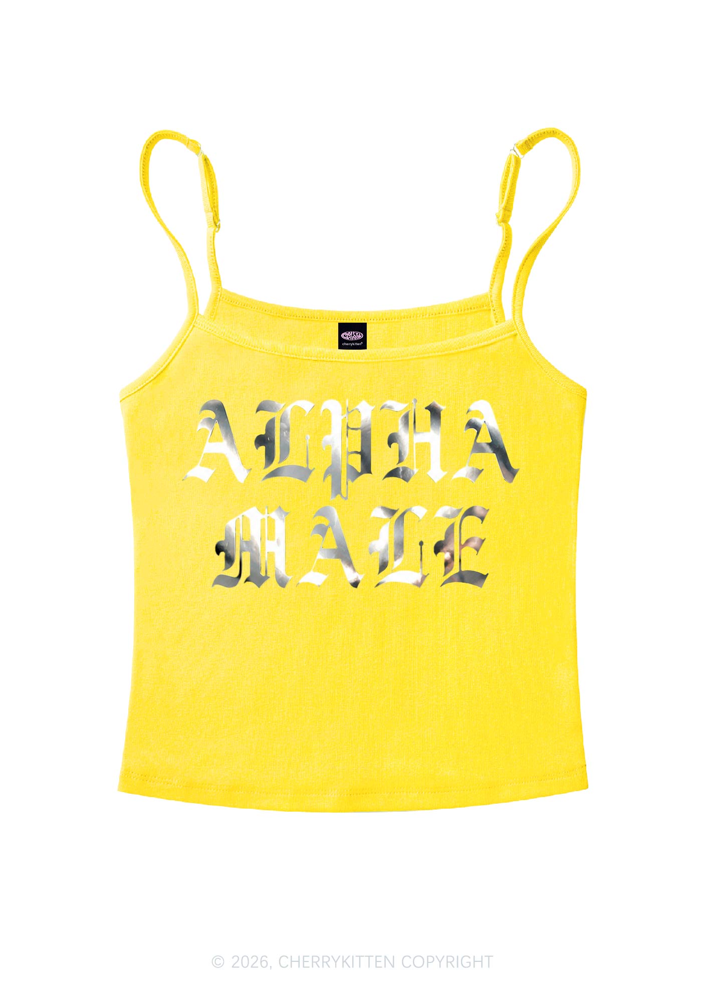 Alpha Male Silver Foil Printed Y2K Spaghetti Strap Cami Cherrykitten