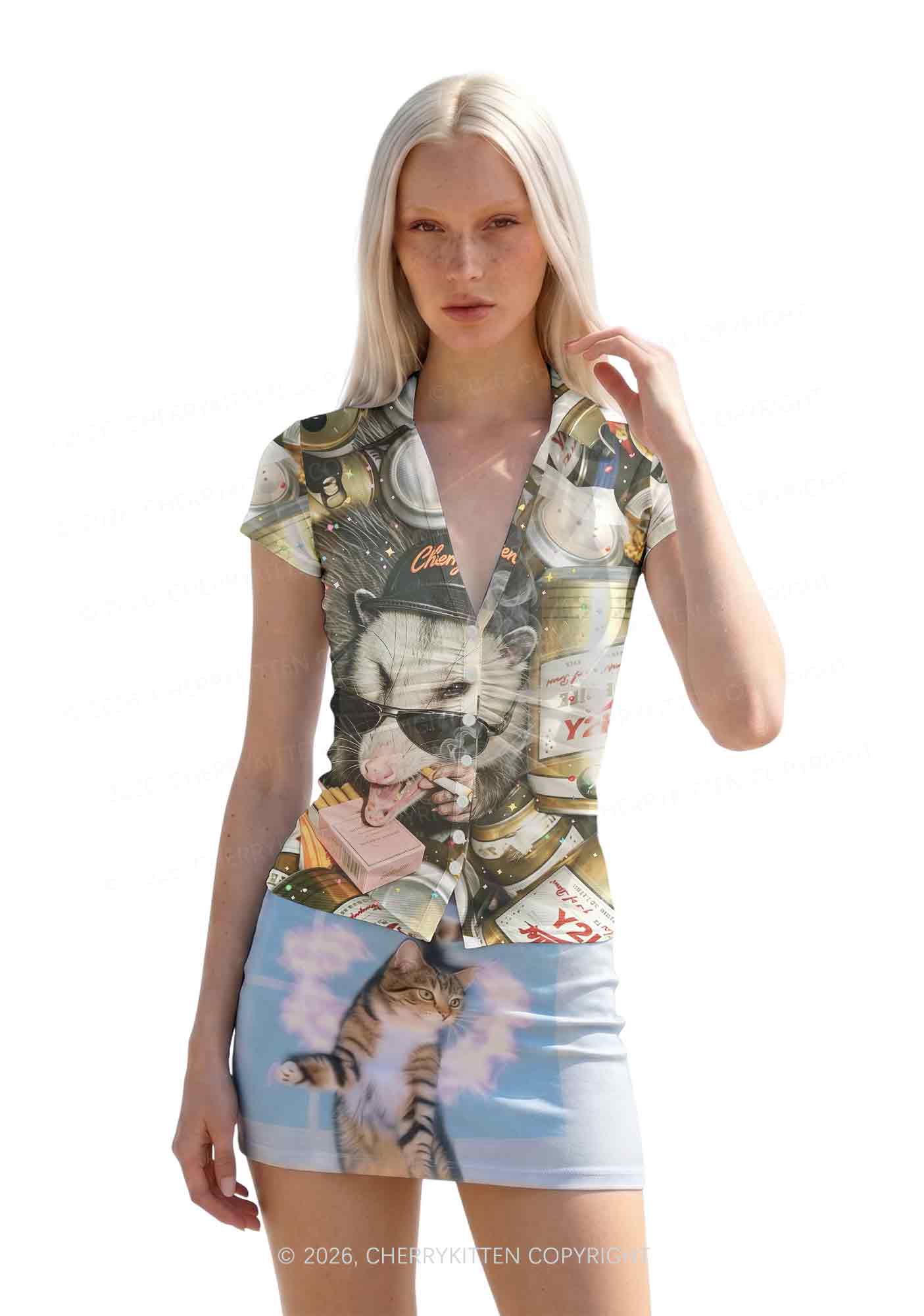 Smoking Opossum Y2K Mesh Ruched? Waist??V Neck?Top Cherrykitten