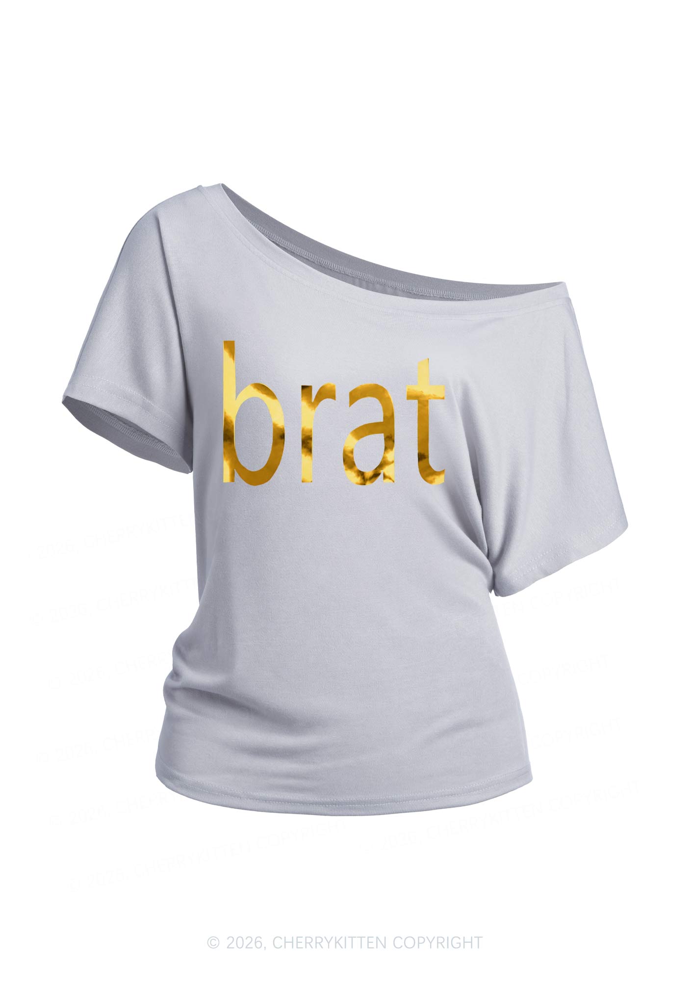 Brat Silver Foil Printed Y2K Off Shoulder Tee Cherrykitten