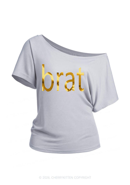 Brat Silver Foil Printed Y2K Off Shoulder Tee Cherrykitten
