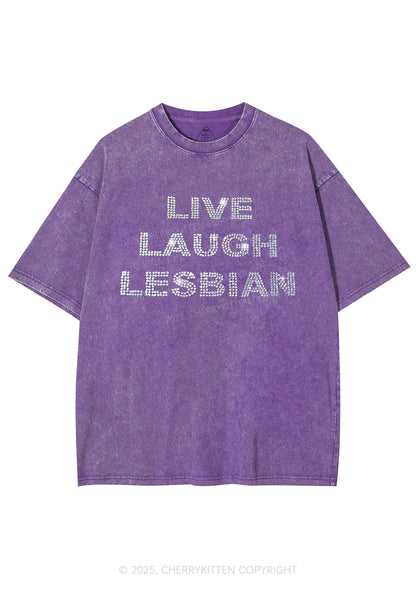 Rhinestone Live Laugh Lesbian Pride Y2K Shirts Washed Tee Cherrykitten