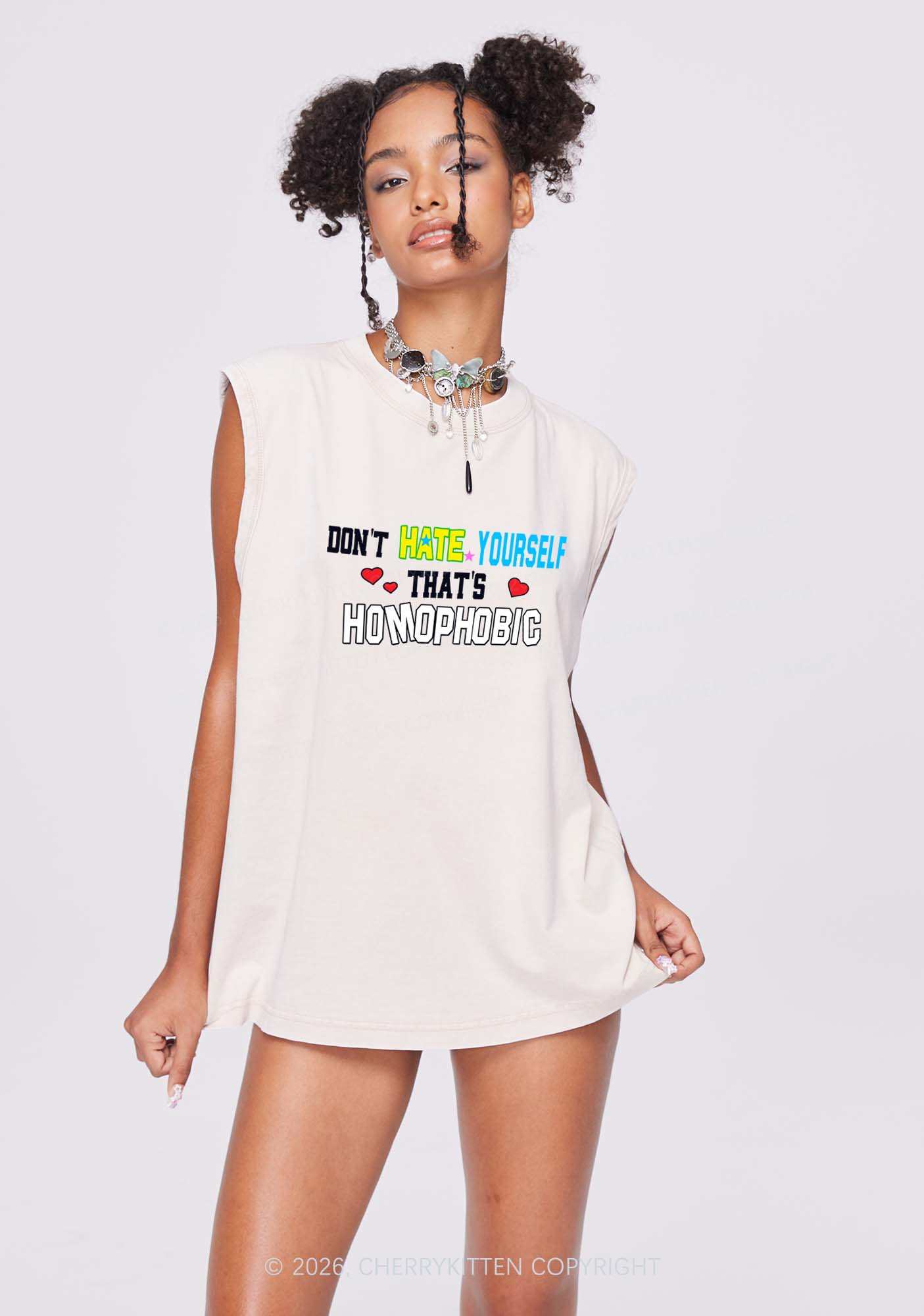 Hate Yourself Thats Homophobic Pride Y2K Washed Muscle Tank Cherrykitten