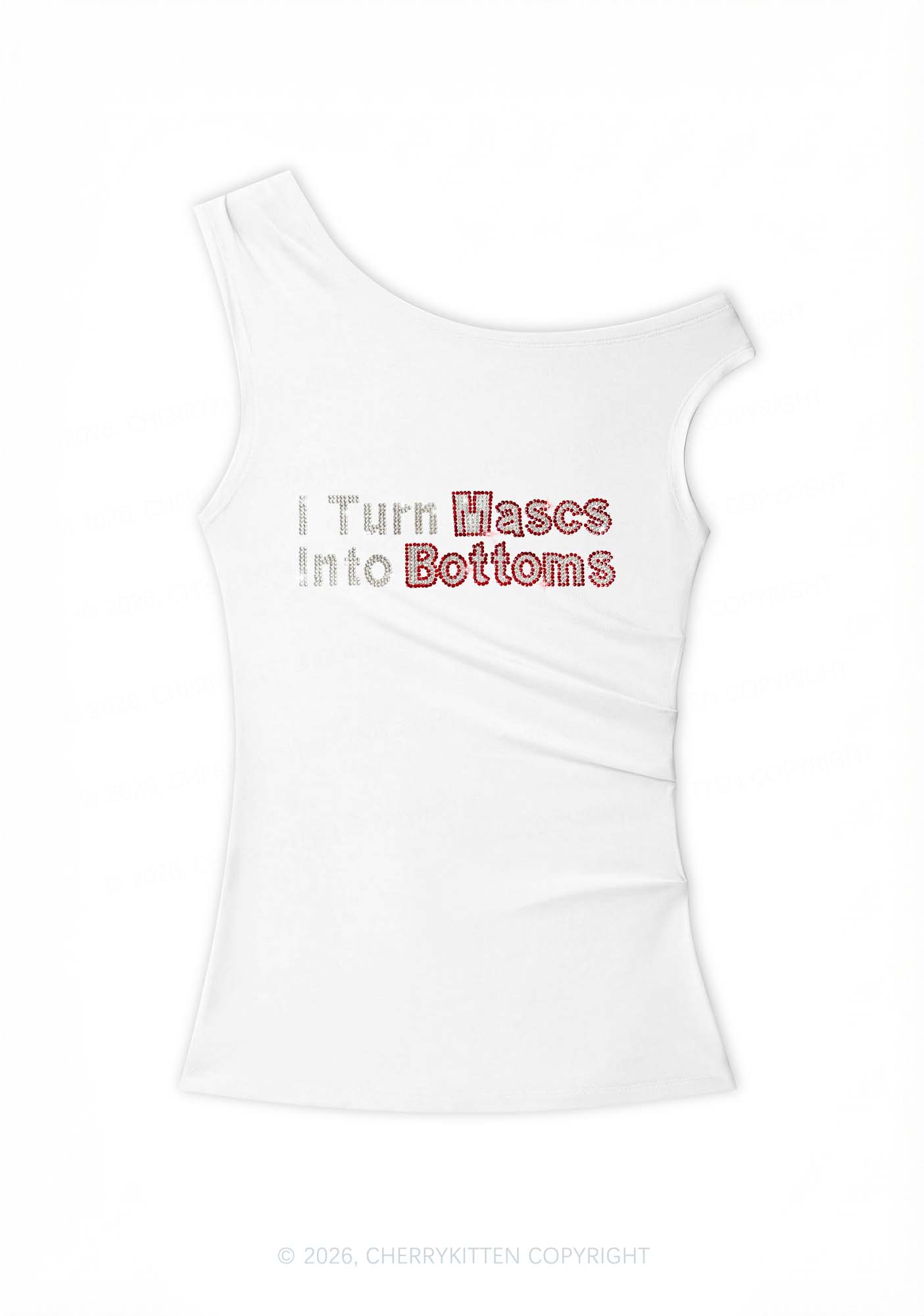 Rhinestone I Turn Mascs Into Bottoms Y2K Off Shoulder Tank Top Cherrykitten