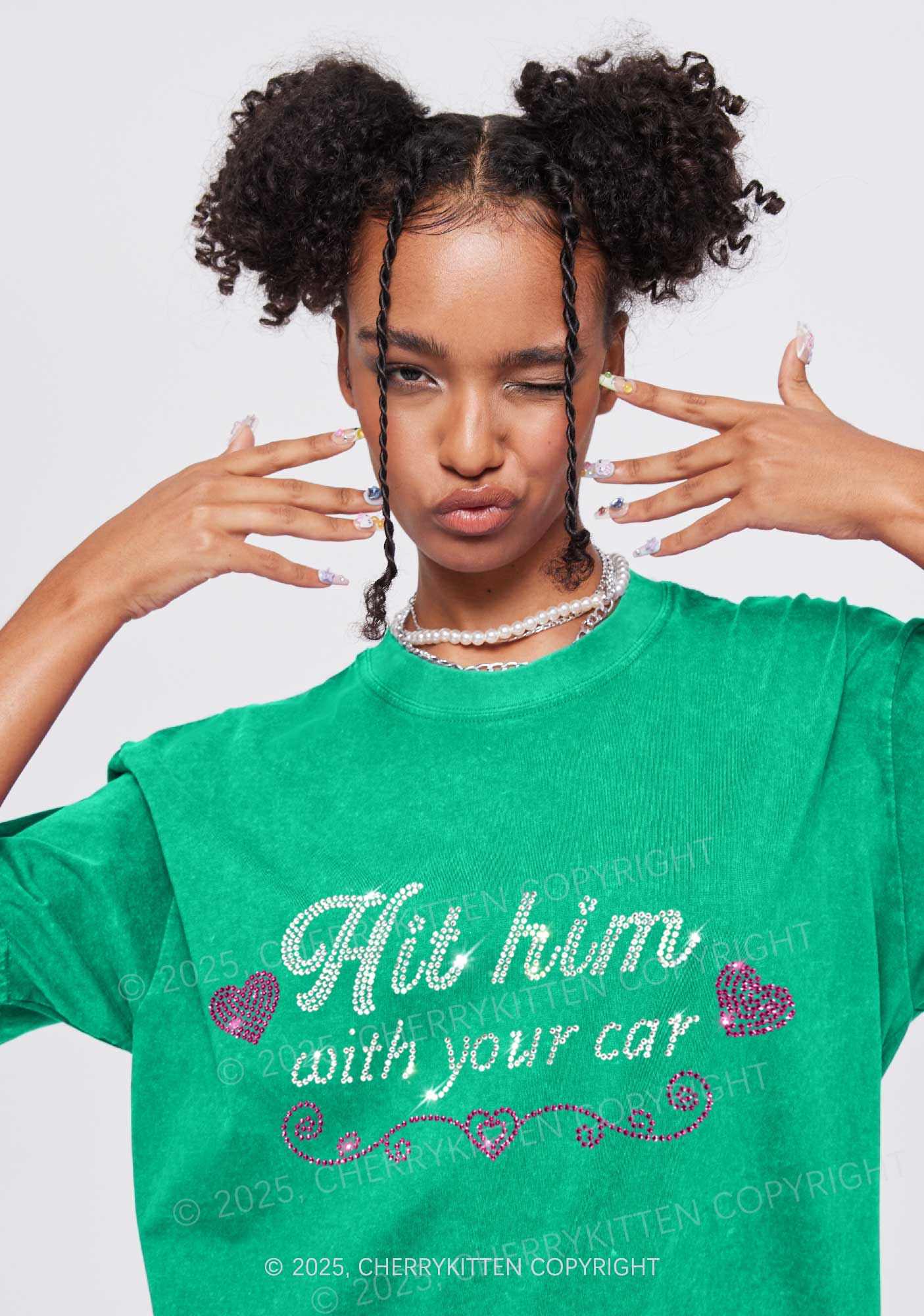 Rhinestone Hit Him Y2K Shirts Washed Tee Cherrykitten