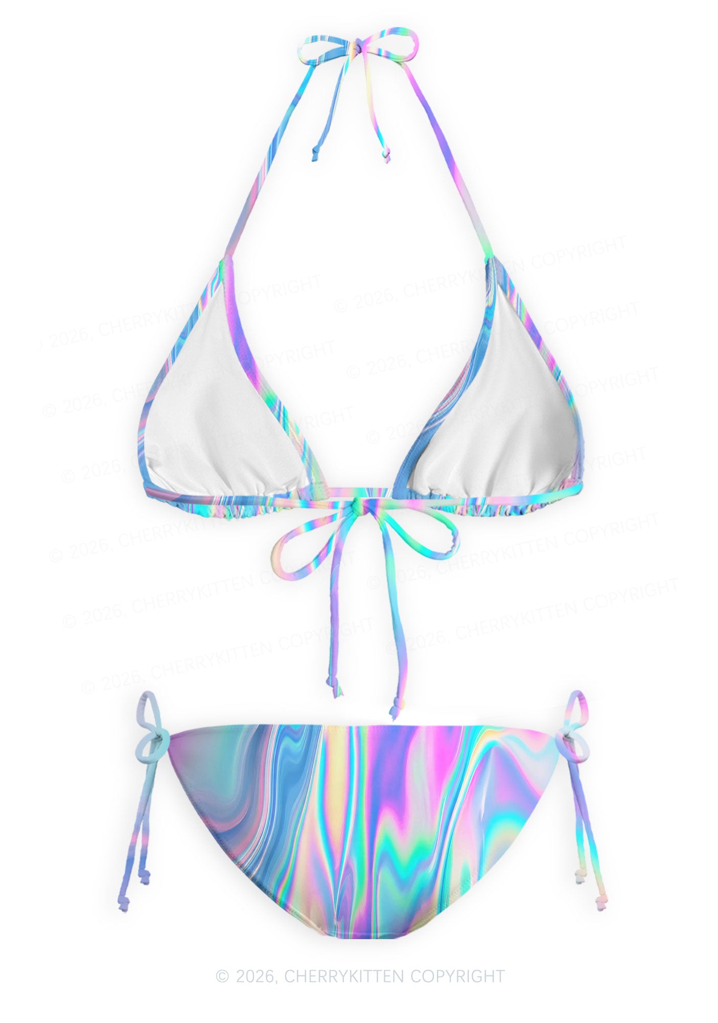 Holographic Iridescent Swirl Y2K Print Bikini Set Cherrykitten