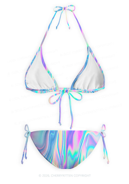 Holographic Iridescent Swirl Y2K Print Bikini Set Cherrykitten