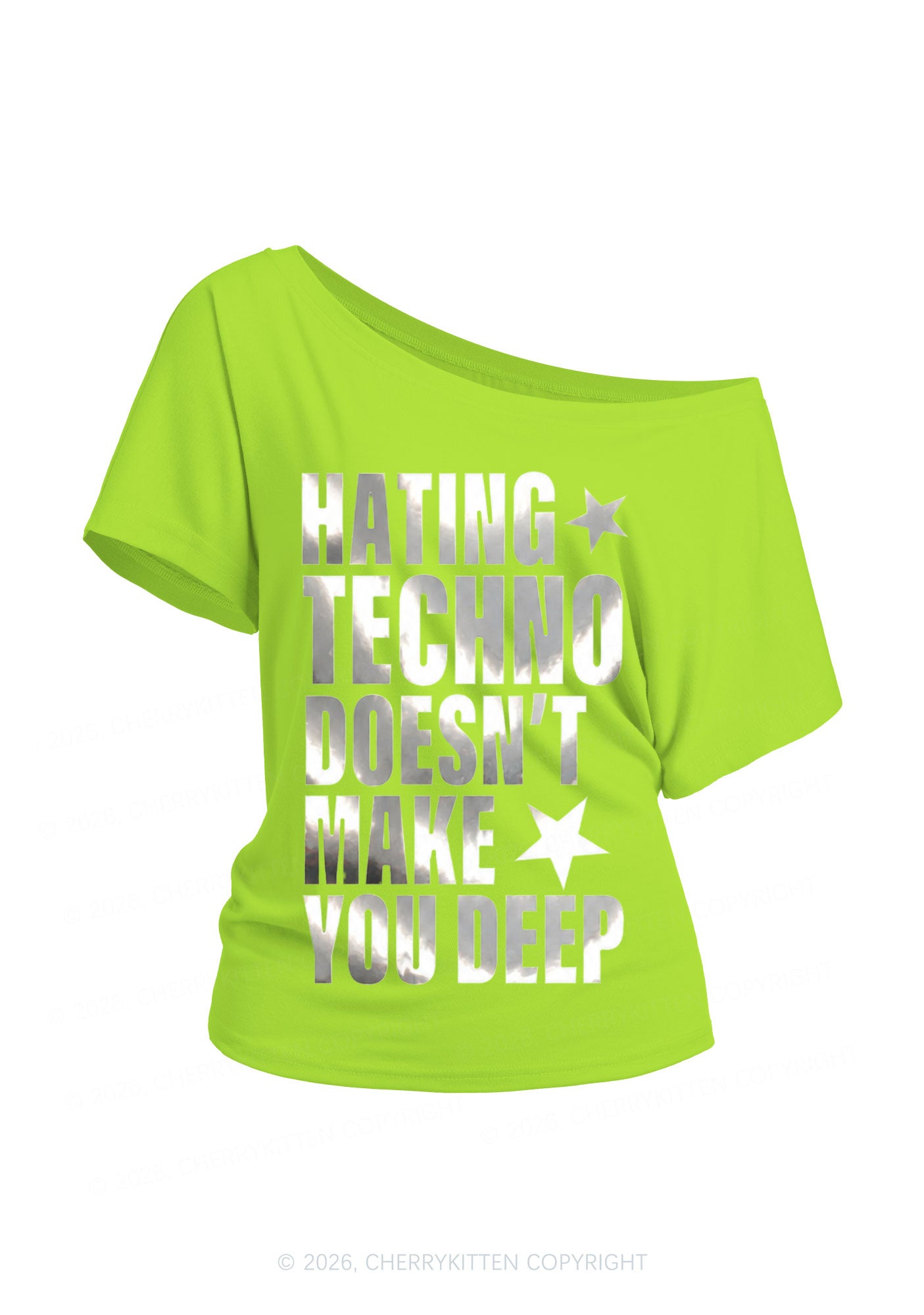 Hating Techno Silver Foil Printed Y2K Off Shoulder Tee Cherrykitten