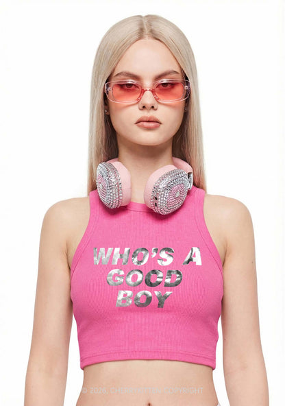 Whos A Good Boy Silver Foil Printed Y2K Crop Tank Top Cherrykitten