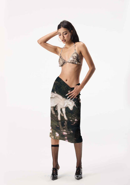 Winged Baby Goat Y2K Print Midi Skirt Cherrykitten
