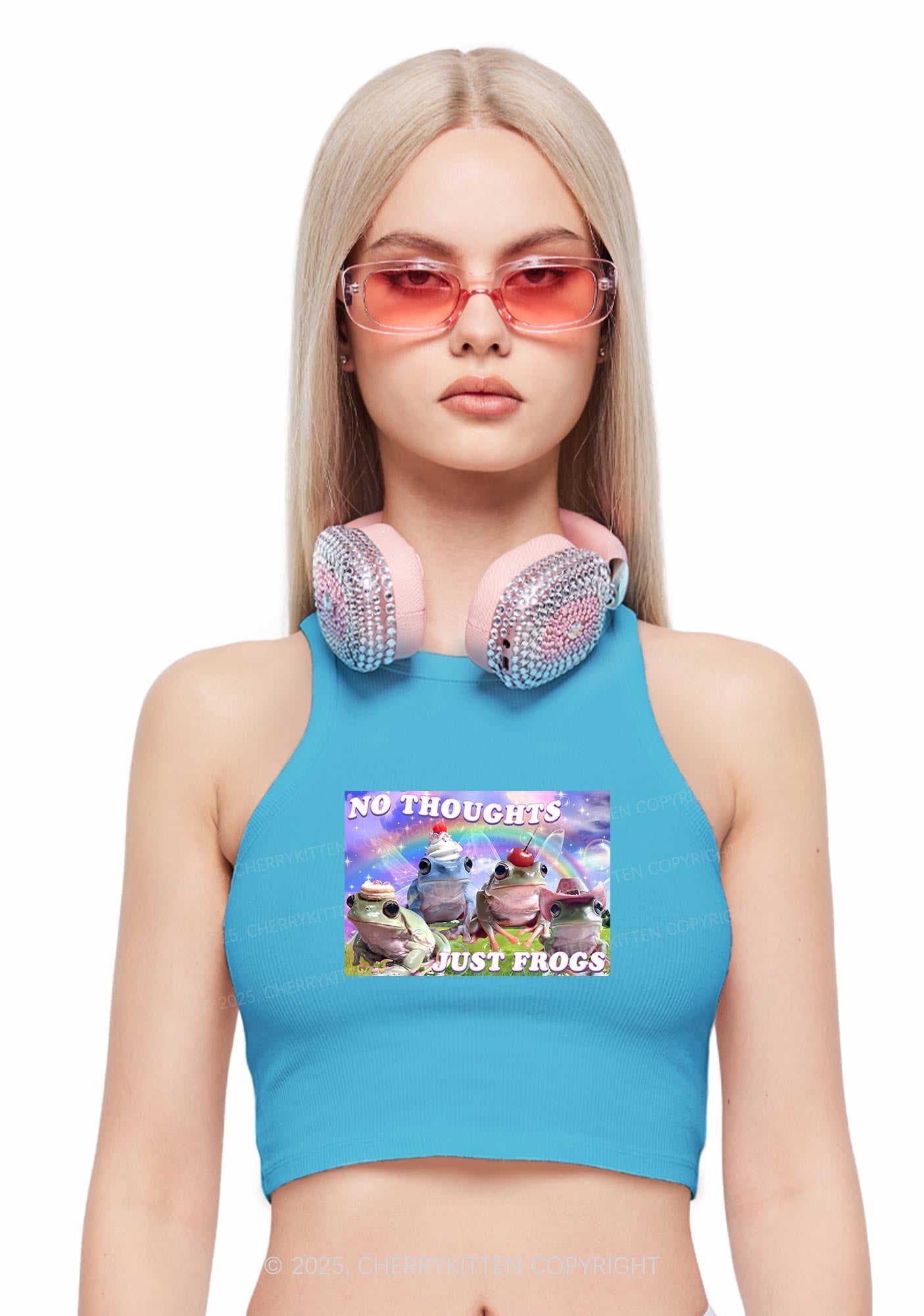 No Thoughts Just Frogs Y2K Crop Tank Top Cherrykitten