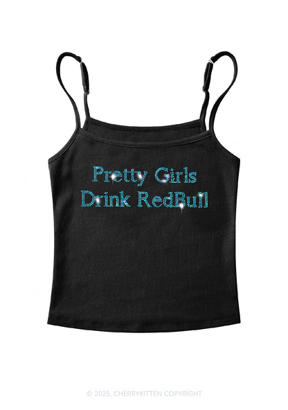 Rhinestone Pretty Girls Drink Redbull Y2K Spaghetti Strap Cami Cherrykitten