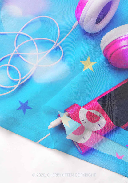 Retro Pink Headphone Y2K Mesh Crop Top Cherrykitten