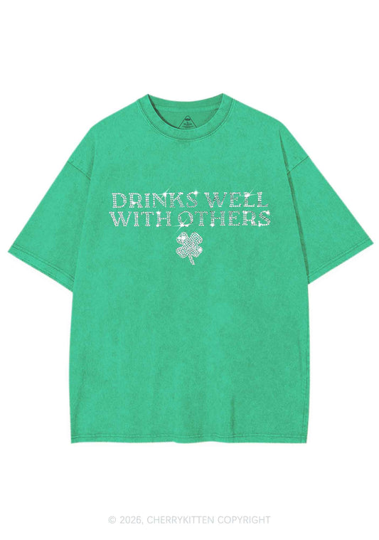 Rhinestone Drinks Well With Others St Patricks Y2K Shirts Washed Tee Cherrykitten