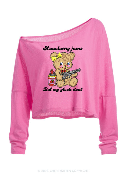 Strawberry Jams Bear Y2K Off Shoulder Long Sleeve Crop Top Cherrykitten
