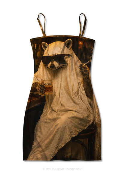 Halloween Ghost Raccoon Bar Y2K Print Slip Dress Cherrykitten