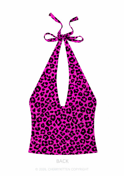 Hot Pink Leopard Y2K Print Halter Deep V Neck Cami Cherrykitten