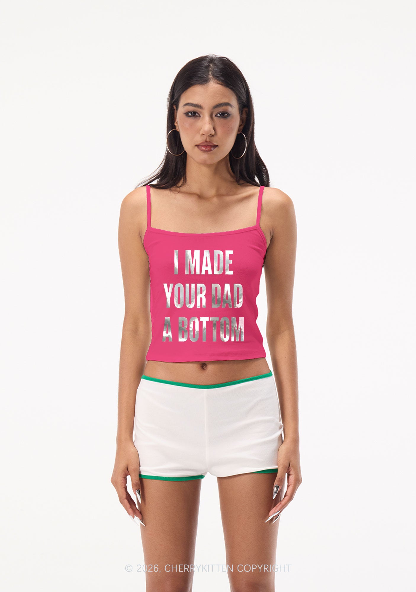 Made Your Dad A Bottom Pride Silver Foil Printed Y2K Spaghetti Strap Cami Cherrykitten