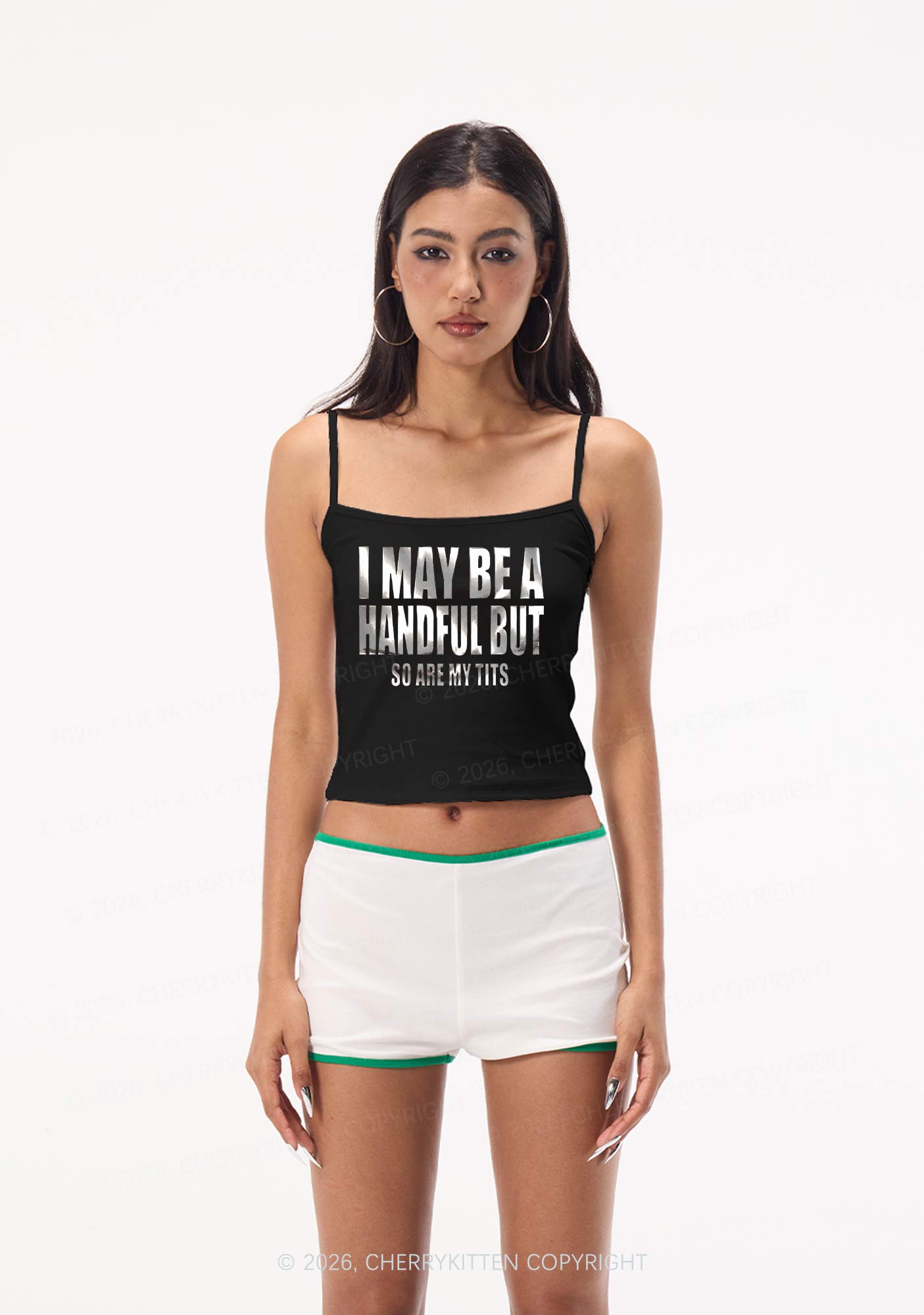 I May Be Handful Silver Foil Printed Y2K Spaghetti Strap Cami Cherrykitten