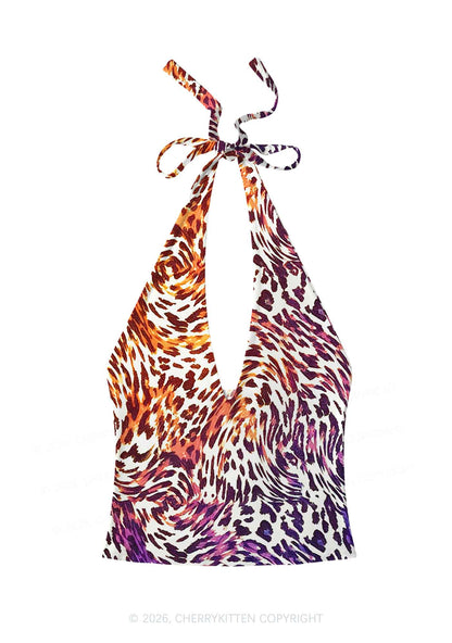 Lesbian Leopard Pride Y2K Print Halter Deep V Neck Cami Cherrykitten