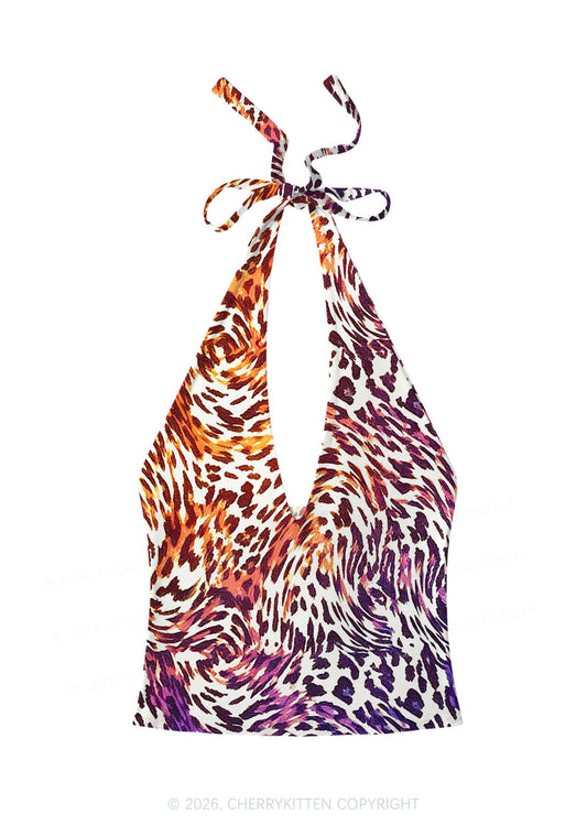 Lesbian Leopard Pride Y2K Print Halter Deep V Neck Cami Cherrykitten