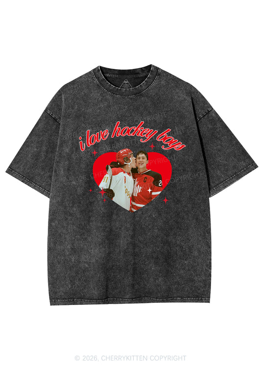 I Love Hockey Boys HR Y2K Shirts Washed Tee Cherrykitten