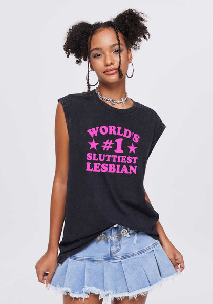 Worlds First Slxttiest Lesbian Pride Y2K Washed Muscle Tank Cherrykitten