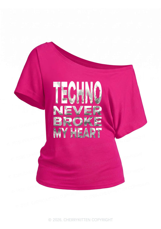 Techno Broke Heart Silver Foil Printed Y2K Off Shoulder Tee Cherrykitten