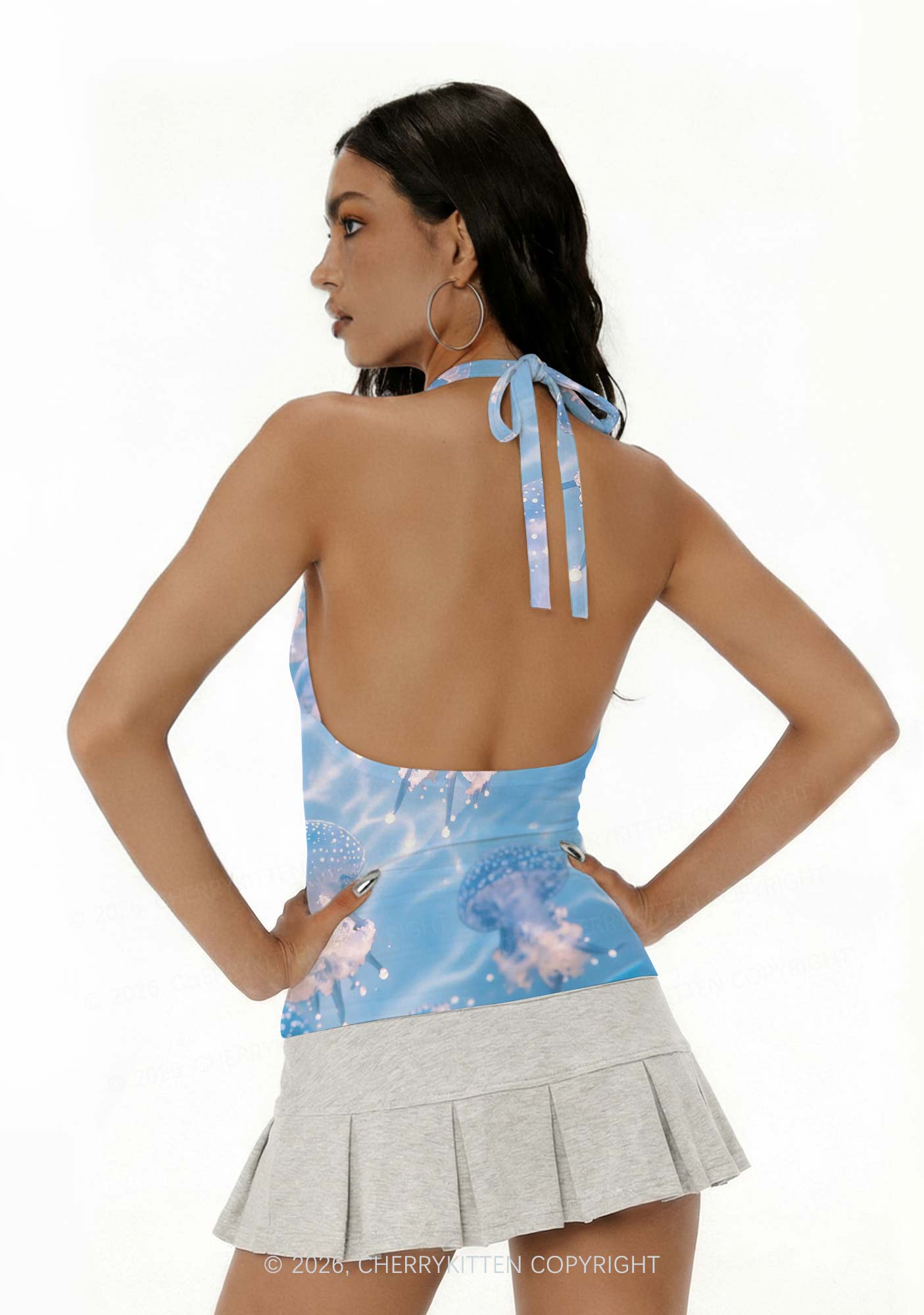 Blue Ocean Jellyfish Y2K Print Halter Deep V Neck Cami Cherrykitten