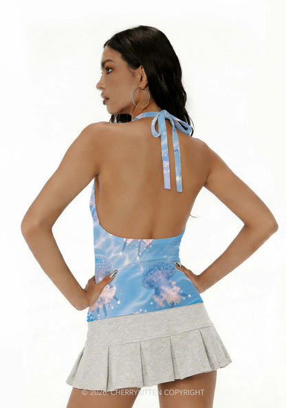 Blue Ocean Jellyfish Y2K Print Halter Deep V Neck Cami Cherrykitten