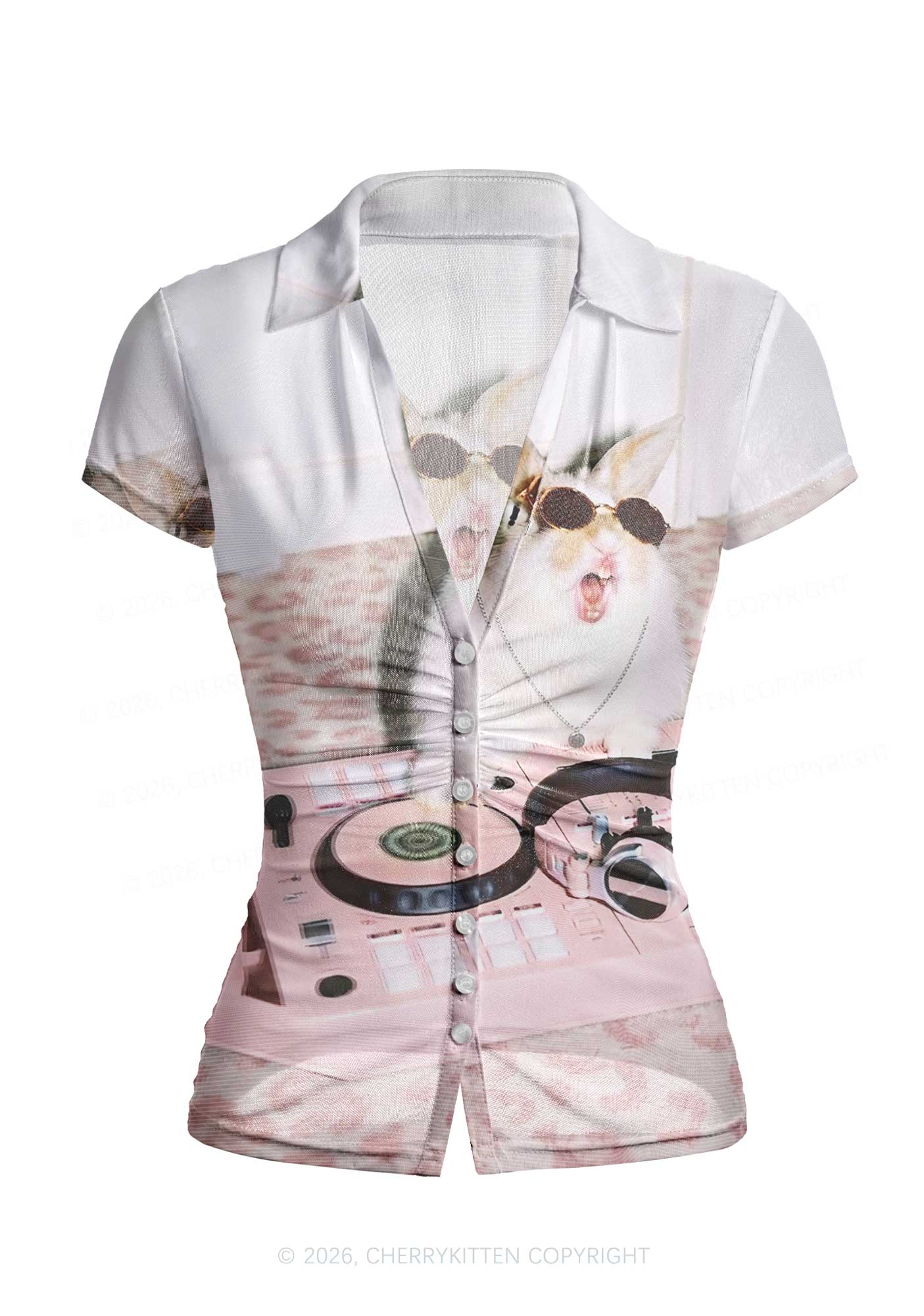 Dj Bunny Y2K Mesh Ruched? Waist??V Neck?Top Cherrykitten