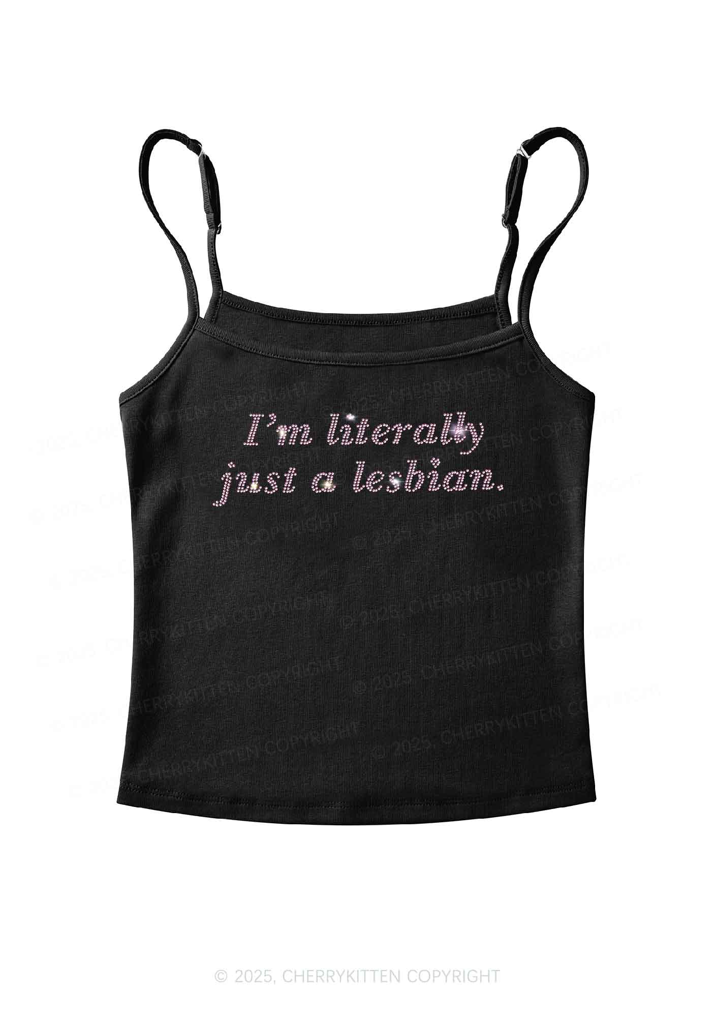 Rhinestone Literally Just A Lesbian Pride Y2K Spaghetti Strap Cami Cherrykitten