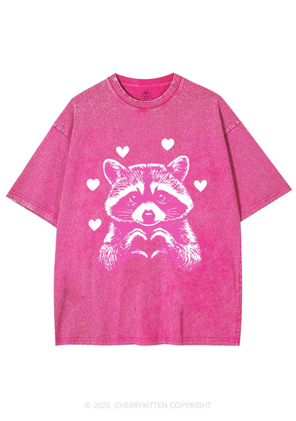 Pink Raccoon Heart Valentine's Day Y2K Shirts Washed Tee Cherrykitten