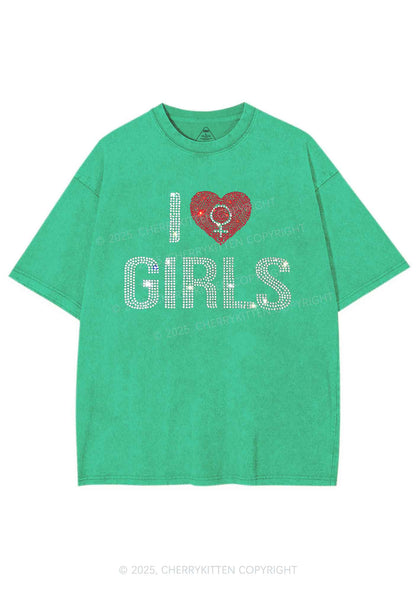 Rhinestone I Love Girls Pride Y2K Shirts Washed Tee Cherrykitten
