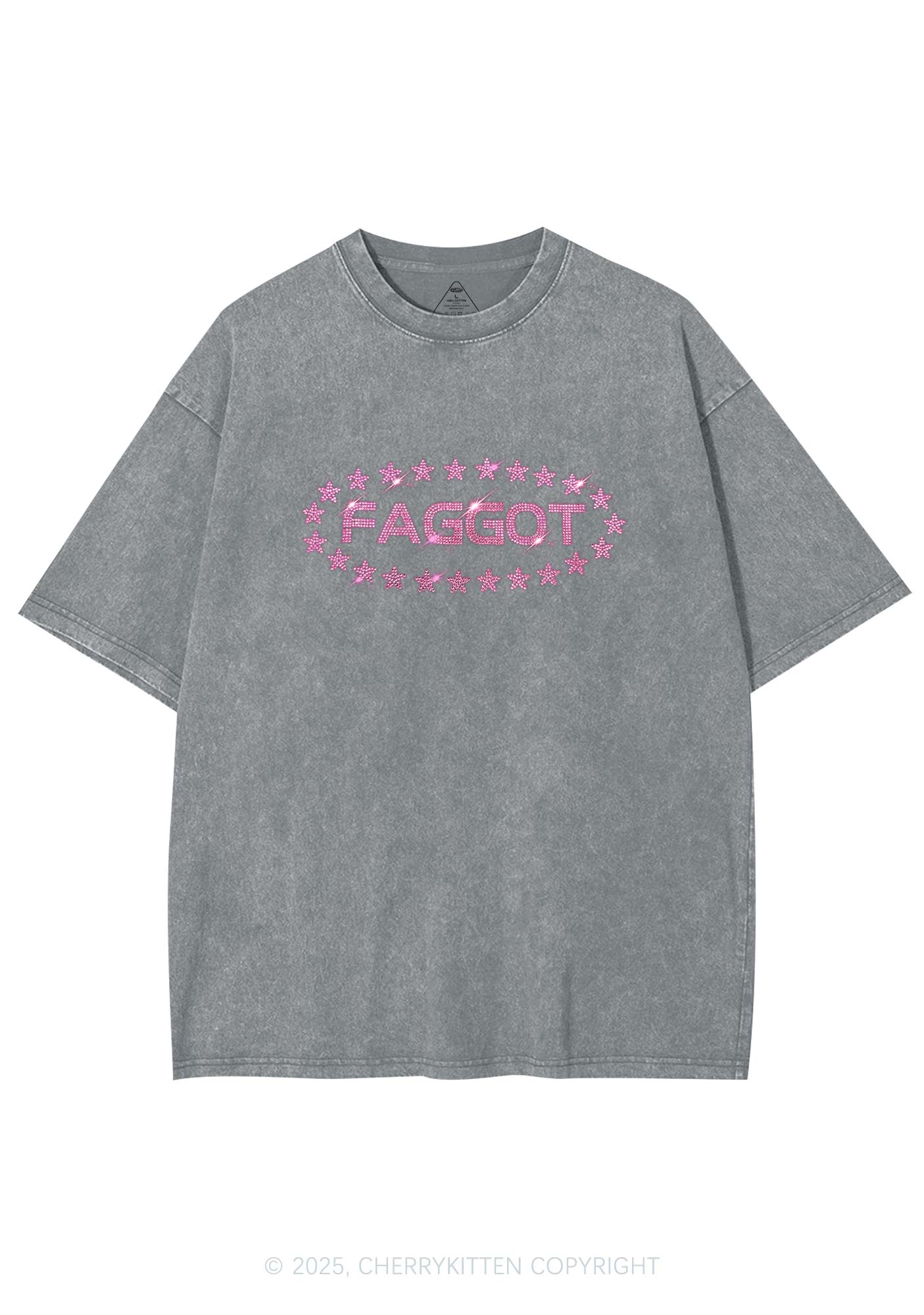 Rhinestone Pink Faggot Stars Pride Y2K Shirts Washed Tee Cherrykitten