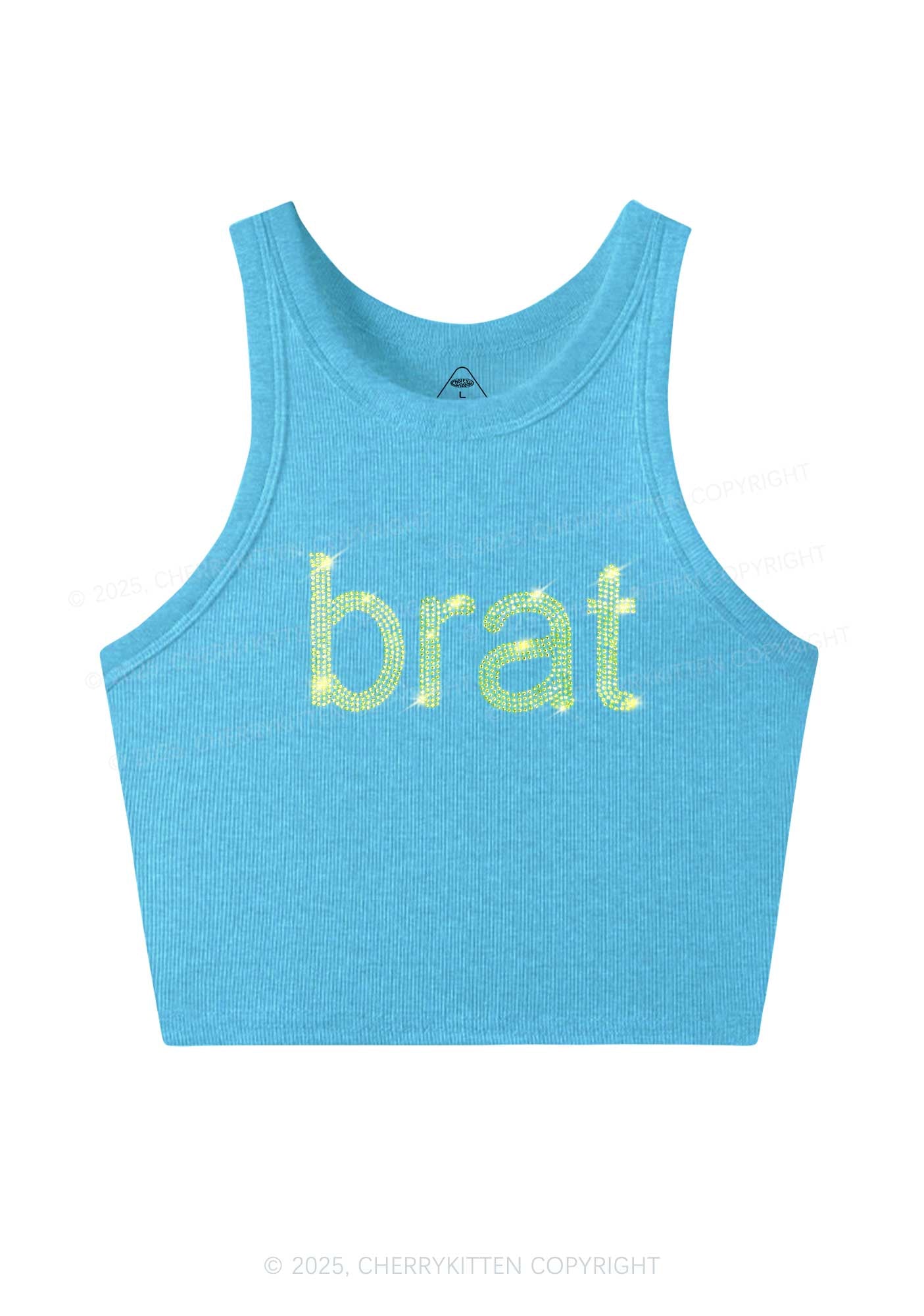 Rhinestone Green Brat Y2K Crop Tank Top Cherrykitten