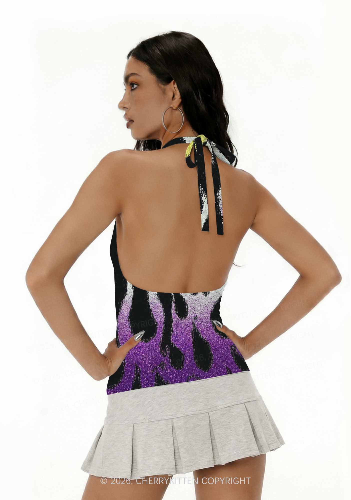 Nonbinary Flame Pride Y2K Print Halter Deep V Neck Cami Cherrykitten