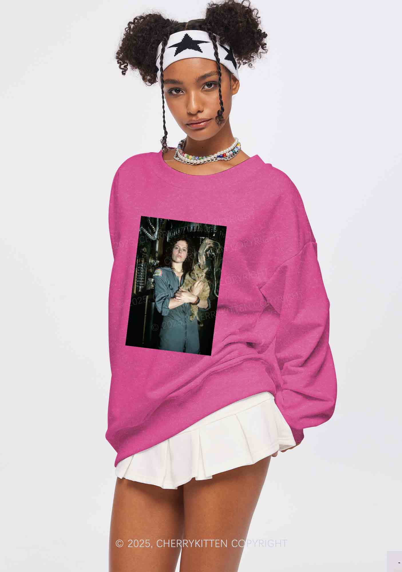 Halloween Space Lady Cat Y2K Washed Sweatshirts Cherrykitten