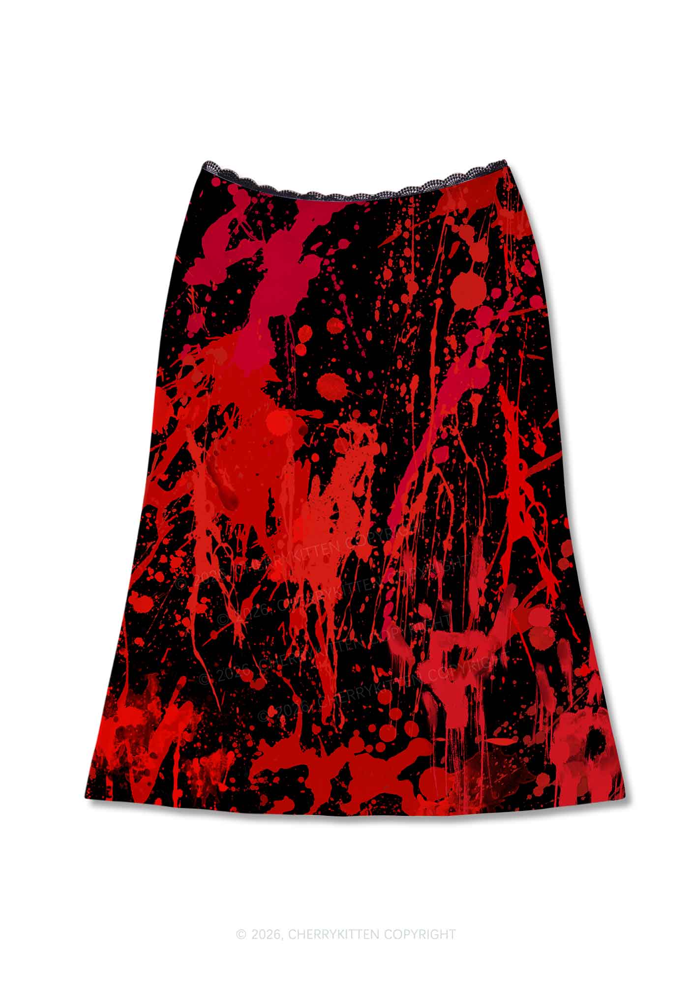 Halloween Red Blood On Black Y2K Print Midi Skirt Cherrykitten