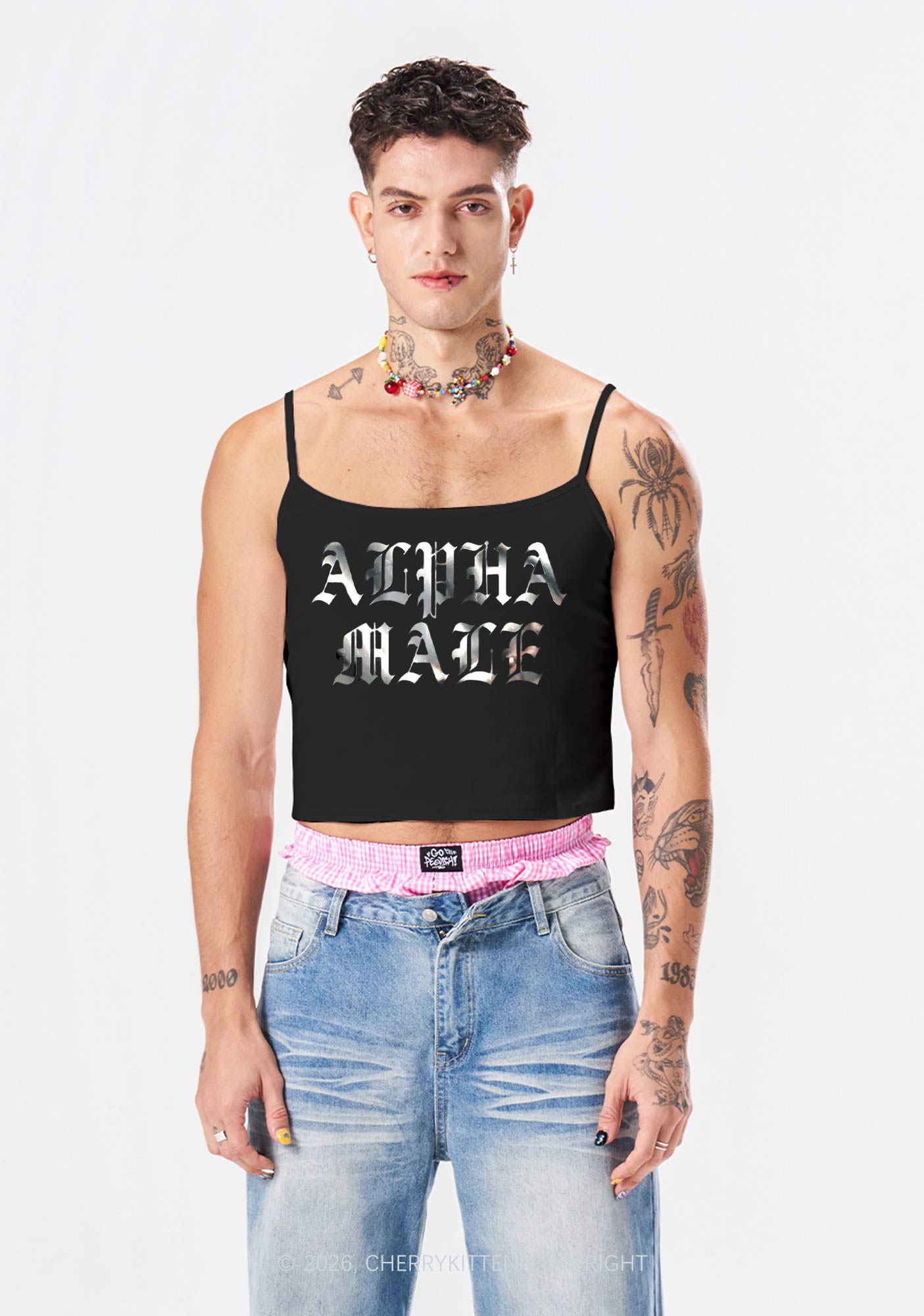 Alpha Male Silver Foil Printed Y2K Spaghetti Strap Cami Cherrykitten