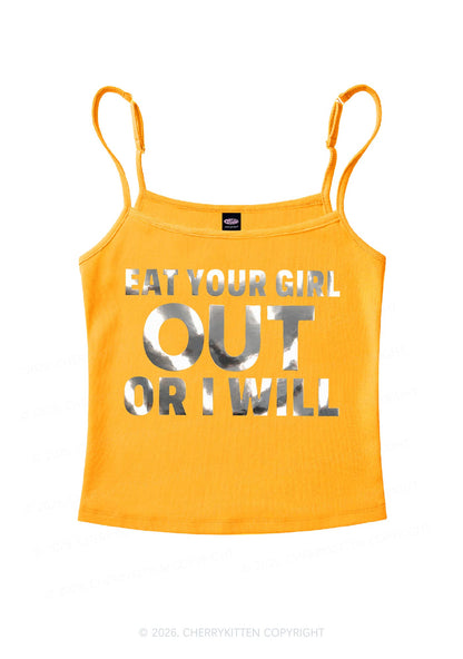 Eat Your Girl Out Silver Foil Printed Y2K Spaghetti Strap Cami Cherrykitten