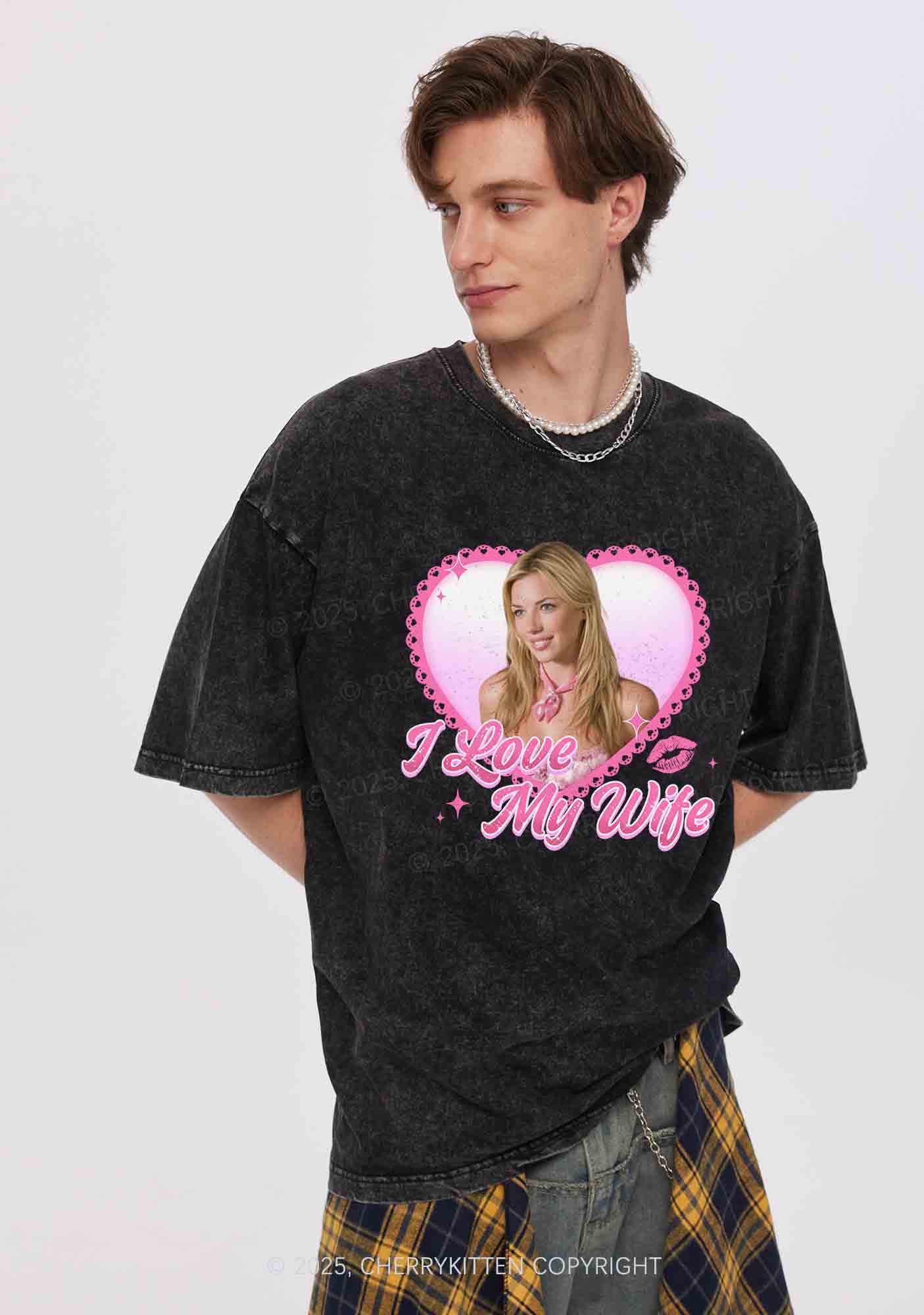 Custom Love My Wife Photo Y2K Valentine's Day Washed Tee Cherrykitten