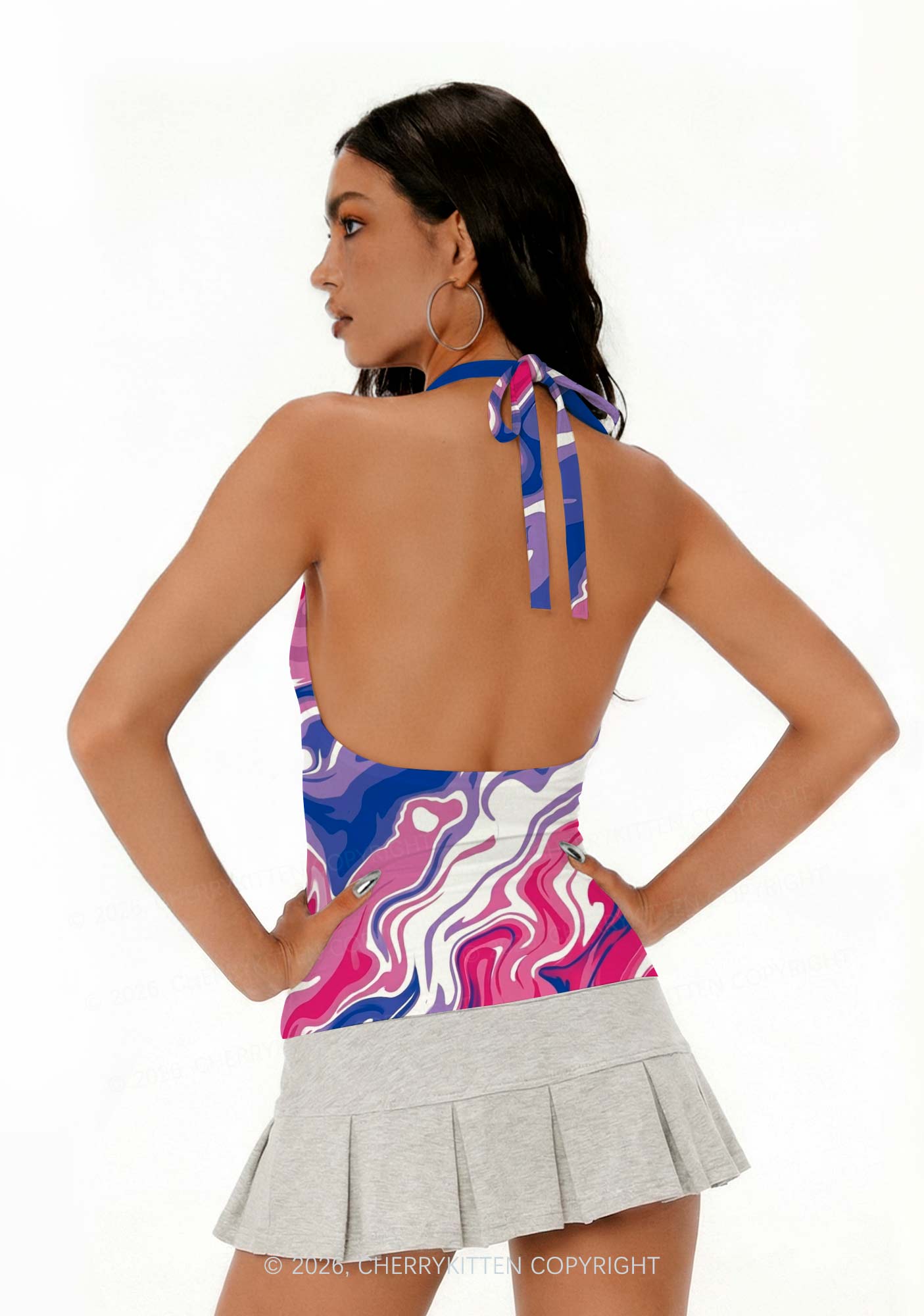 Bisexual Liquid Tie Dye Pride Y2K Print Halter Deep V Neck Cami Cherrykitten